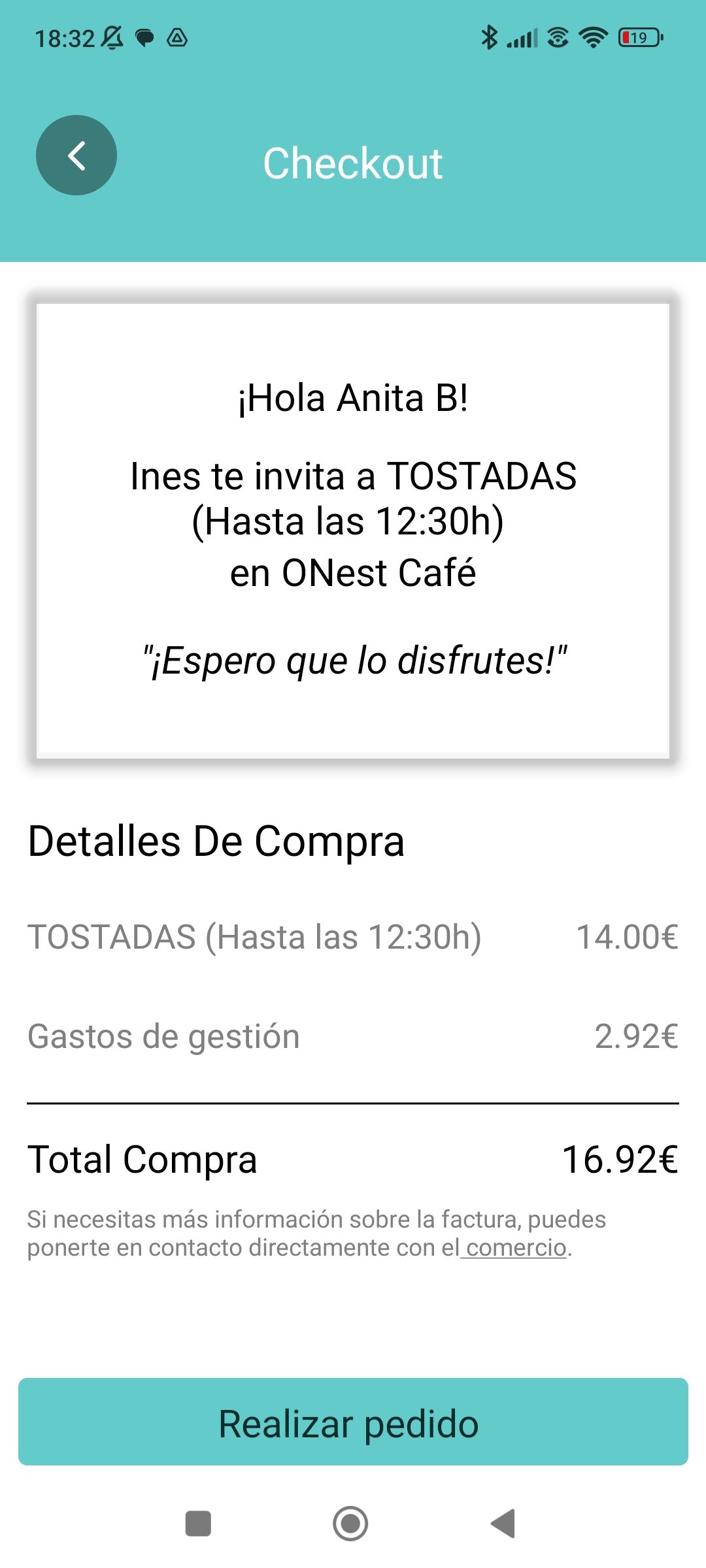 Checkout con desglose del importe del regalo para el comercio, gastos de gestión de Gongo y total final